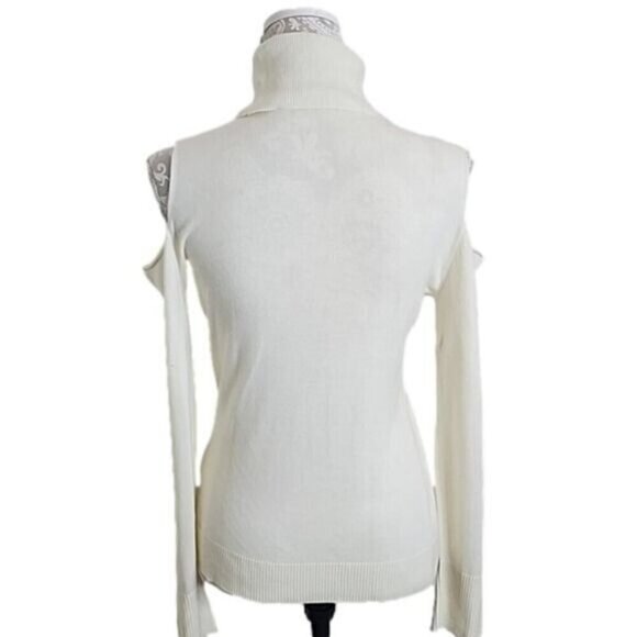 T Tahari Sweater Ivory Long Sleeve Cold Shoulder Turtleneck Women's Medium - Picture 4 of 10